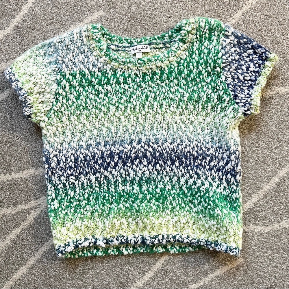 Splendid Green and Blue Nubbly Chunky Knit Short Sleeve Sweater 6X